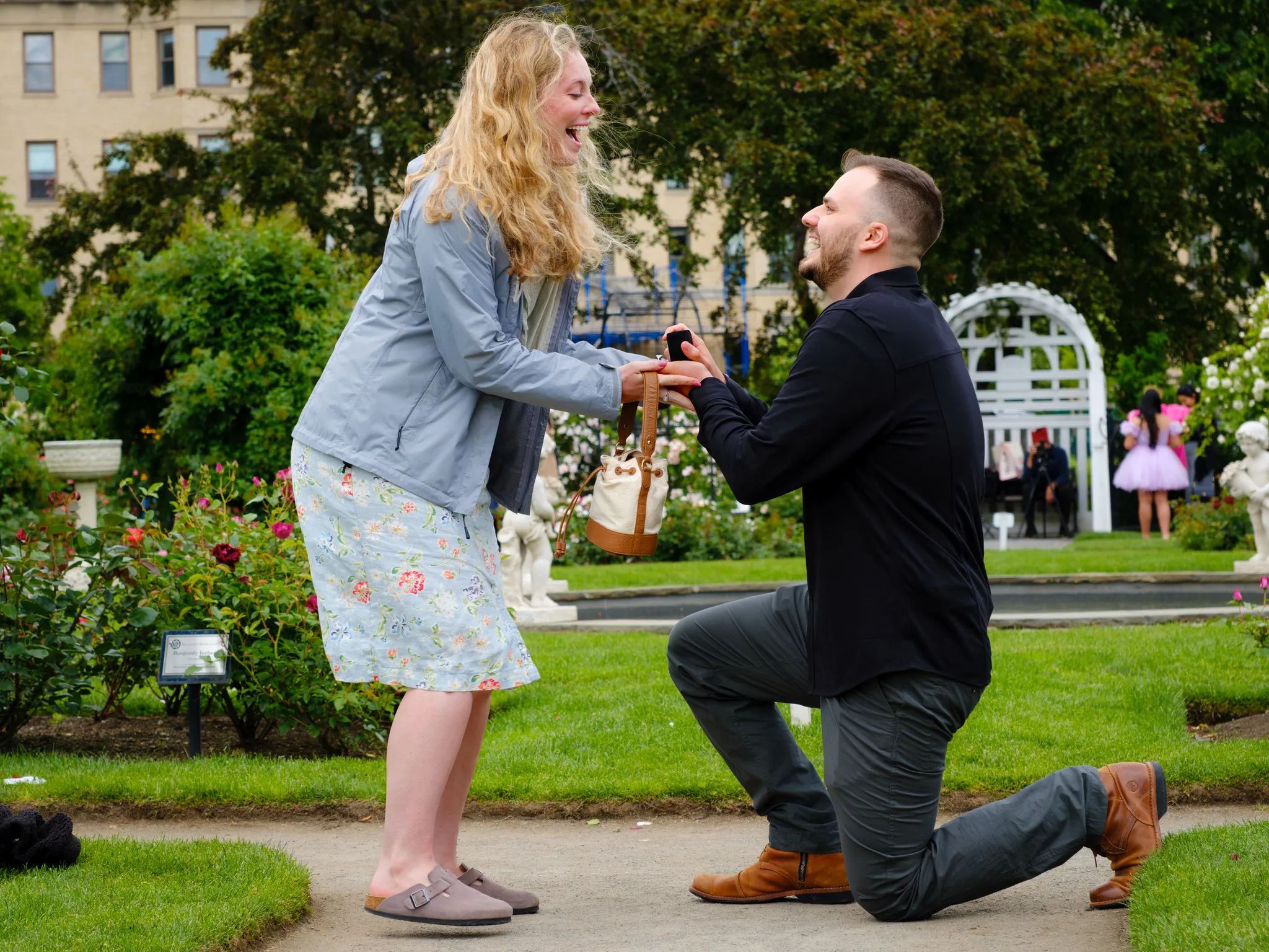 Tyler proposing to Natalie in James P. Kelleher Rose Garden in Boston.